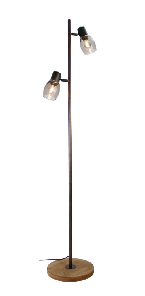Thespian haat Vertrappen Sylvie staande lamp - 2 lichts - zwart black steel met vintage hout en  smoke rookglas • BASICLAMP